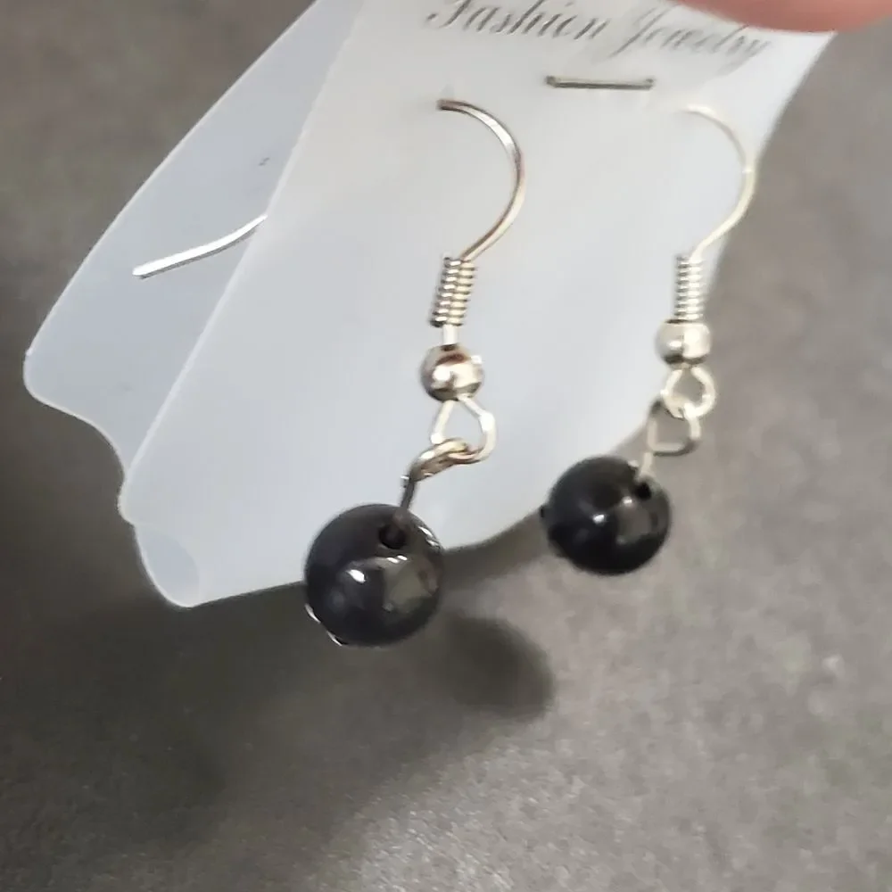 Silver tone black bead earrings